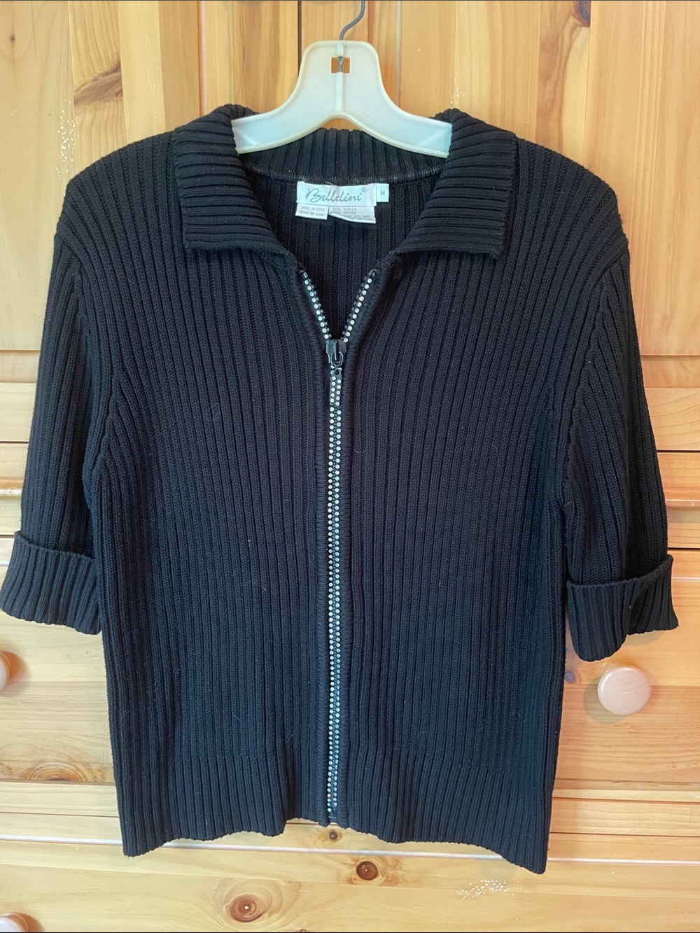 Belldini Black Ribbed Zip-Up Cardigan with rhinestone zipper